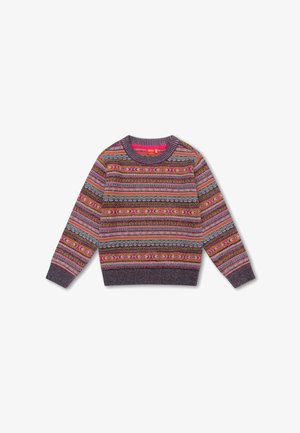 Gebreide trui met een ronde hals, meerkleurige patronen in roze, groen en blauw, met geribde boorden en zoom in donkergrijs.