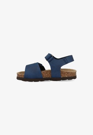 Sandal de cuero azul con tira ajustable, plantilla de corcho y suela de goma. Presenta un diseño de tira ancha y un perfil plano.