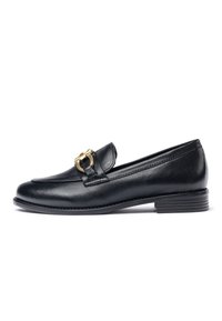 Black leather loafer with a rounded toe, a gold-tone hardware accent on the upper, and a stacked heel for stability. Smooth texture.