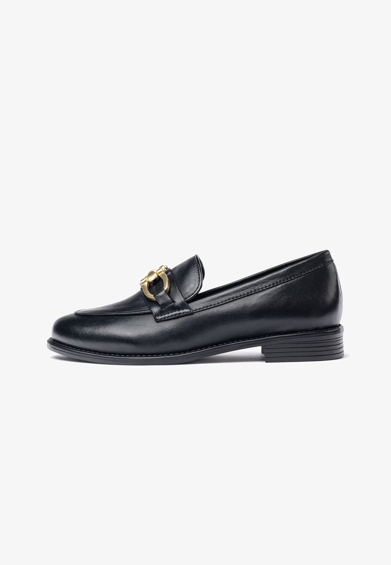 Black leather loafer with a rounded toe, a gold-tone hardware accent on the upper, and a stacked heel for stability. Smooth texture.