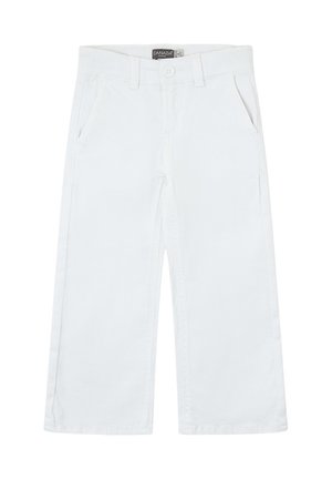 Pantalones blancos de pierna ancha con cierre de botones, trabillas para cinturón y bolsillos laterales, de la marca Canada House.