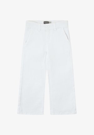Pantalones blancos de pierna ancha con cierre de botones, trabillas para cinturón y bolsillos laterales, de la marca Canada House.