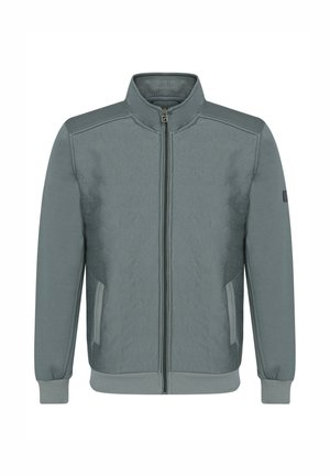 Lichtgrijze zip-up jas met een gestructureerd patroon, staande kraag, ribbelmanchetten en -zoom, en zijzakken. Gemaakt van een zachte, duurzame stof.