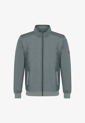 Giacca zip-up grigia chiara con un motivo testurizzato, collo alto, polsini e orlo a costine, e tasche laterali. Realizzata in un tessuto morbido e resistente.