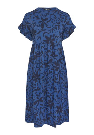 Robe bleue longueur genoux avec motif floral abstrait noir, encolure ronde, manches courtes à volants et taille froncée.