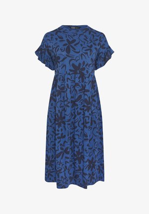 Vestito blu al ginocchio con motivo floreale astratto nero, scollo rotondo, maniche corte arricciate e vita raccolta.