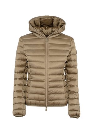 Giacca imbottita con cappuccio in marrone chiaro, caratterizzata da un design trapuntato, chiusura con zip e polsini elasticizzati per una vestibilità aderente. Materiale liscio e lucido.