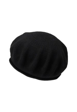 Zwarte wollen baret met een gestructureerd breipatroon en een zachte rand. De kroon is rond en heeft subtiele plooien voor extra vorm.