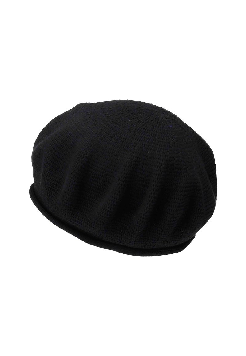 Beret negru din lână cu un model texturat și un margine moale. Coroana este rotundă și prezintă plieri subtile pentru un aspect suplimentar.