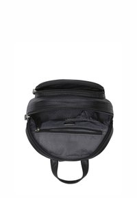 Black leather bag with dual zip compartments, textured finish, and an interior pocket. Soft fabric lining in shades of gray.