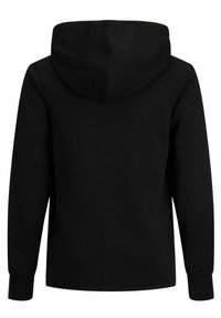 Svart långärmad hoodie sedd bakifrån med huva och ribbade ärmmuddar, mot en vit bakgrund.