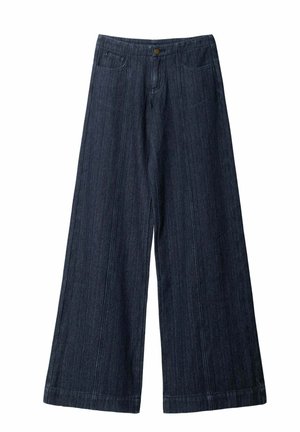 Pantalon en denim foncé à jambes larges et taille haute, avec deux poches avant, une fermeture à bouton et des surpiqûres verticales discrètes.