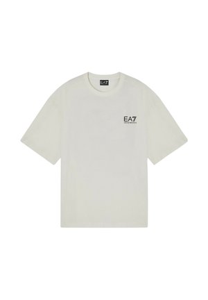 T-shirt bianca a maniche corte con logo nero EA7 Emporio Armani sul petto in alto a sinistra e scollo rotondo.