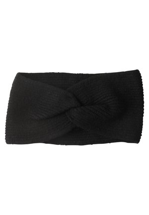 Bandeau noir tricoté avec un design de nœud torsadé à l'avant, fabriqué en tissu côtelé pour l'élasticité et la chaleur.
