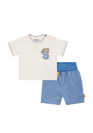 White short-sleeve baby shirt with a leopard and letter "S" graphic paired with blue striped elastic waist shorts.