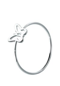 Silberne Hoopschmuckarmband mit einem Schmetterling-Element. Das Design ist glatt mit einer polierten Oberfläche, die die Konturen des Schmetterlings betont.
