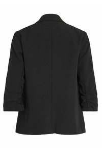 Černý blazer s přiléhavým střihem, se zaobleným límcem a nařasenými rukávy, vyrobený z hladké látky s matným povrchem.