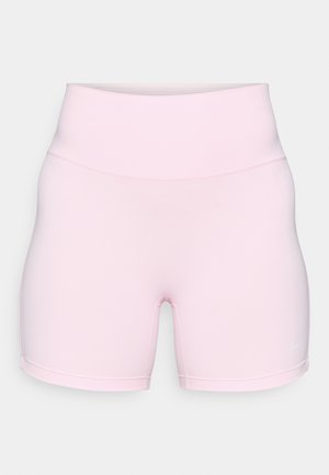 Roza atletska kratka hlače iz raztegljive tkanine, z visokim pasom, brezšivno zasnovo in majhnim belim logotipom Nike na spodnjem sprednjem delu.