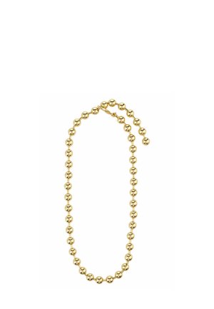 Zlata verižica z okroglimi kroglicami v gladkem, odsevnem zaključku; na hrbtni strani pritrjena s preprostim zapenjanjem.