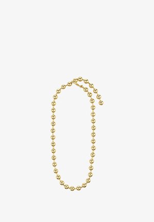 Zlata verižica z okroglimi kroglicami v gladkem, odsevnem zaključku; na hrbtni strani pritrjena s preprostim zapenjanjem.
