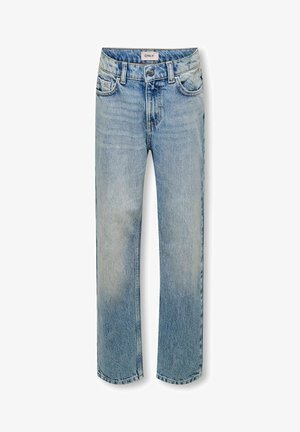 Jasnoniebieskie dżinsy z denimu o prostym kroju, z pięcioma kieszeniami i zapięciem na guziki. Charakteryzują się subtelnym wzorem prania i przeszyciami.