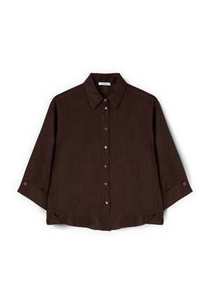 Dark brown button-up shirt with long sleeves, classic collar, and slightly rounded hem on a white background.