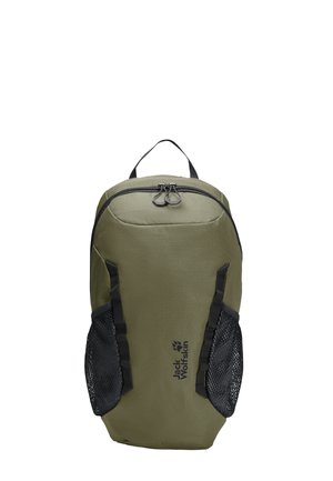 Green Jack Wolfskin backpack with two black mesh side pockets and dual zipper on top, shown on a white background.