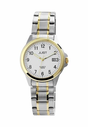 Silver and gold-tone watch with a round white dial, black numerals, date window, and a two-tone metal link bracelet. Quartz movement, 10ATM.