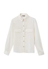 Camicia bianca button-up realizzata in tessuto liscio, con colletto, maniche lunghe, due tasche sul petto e bottoni dorati lungo la parte anteriore.