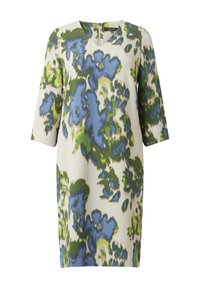 Kleid mit Blumenmuster in Creme, das blaue und grüne Muster aufweist. Gerader Schnitt mit kurzen Ärmeln und V-Ausschnitt, mit Reißverschluss auf der Rückseite.