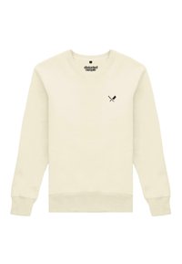 Sudadera de color crema hecha de un tejido suave. Presenta un escote redondo y mangas largas. Pequeño logo de herramientas cruzadas en negro en el pecho.