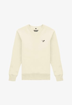 Crème kleur sweatshirt gemaakt van zachte stof. Heeft een ronde halslijn en lange mouwen. Klein zwart logo van gekruiste gereedschappen op de borst.