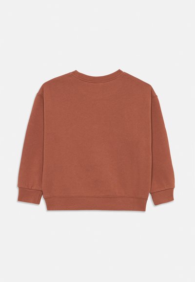 Ein sweatshirt in rostiger Farbe mit runder Ausschnitt, langen Ärmeln und gerippten Bündchen. Es hat eine glatte Textur und ein einfaches, ungeschmücktes Design.