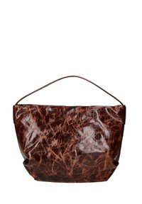 Borsa in pelle marrone lucida con un design texturizzato. Presenta un manico curvo e un corpo spazioso e morbido.