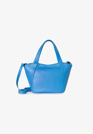 Blauwe leren handtas met een gestructureerde, driehoekige vorm. Heeft korte handvatten en een afneembare schouderriem. Gladde textuur, minimale hardware.