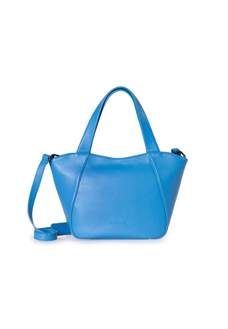 Borsa a mano in pelle blu con una forma triangolare strutturata. Presenta manici corti e una tracolla rimovibile. Texture liscia, hardware minimale.