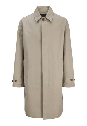Beige trenchcoat met enkele rij knopen, een kraag met knopen, lange mouwen, zijzakken en knoopmanchetten.