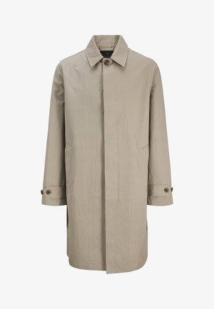 Μπεζ μονόκουμπο trench coat με γιακά με κουμπιά, μακριά μανίκια, πλαϊνές τσέπες και μανσέτες με κουμπιά.