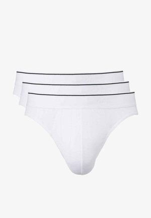 Witte katoenen slips met een gladde textuur, voorzien van een zwarte elastische tailleband voor extra comfort. Drie paren gestapeld.