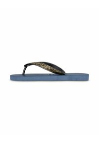 Tongs noires et dorées à motif avec une sangle texturée, semelle intérieure bleu clair et semelle plate. Design simple et fonctionnel sans embellissements.