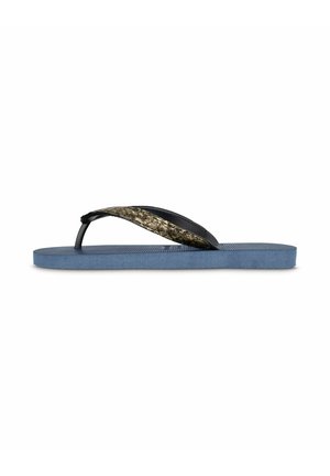 Schwarz-gold gemusterte Flip-Flops mit einem strukturierten Riemen, hellblauem Fußbett und flacher Sohle. Einfaches und funktionales Design ohne Verzierungen.