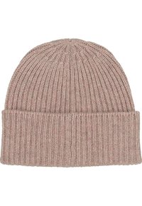 Knit beanie hat in light pink, featuring a ribbed texture and a folded cuff. Crafted from soft material for warmth and comfort.