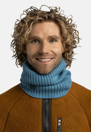 Light blue ribbed knit neck gaiter paired with a textured brown fleece jacket featuring zippered pockets and a high collar.