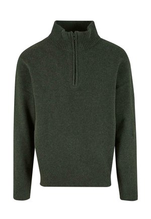 Suéter de punto verde oscuro con un cuello alto, cierre de media cremallera y puños y dobladillo acanalados. Textura suave con un patrón uniforme.