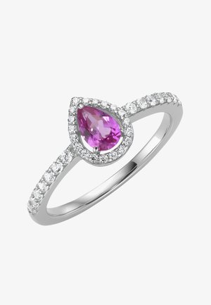 Silberner Ring mit einem birnenförmigen lila Edelstein in der Mitte, umgeben von kleinen klaren Steinen an Band und Halo-Fassung.