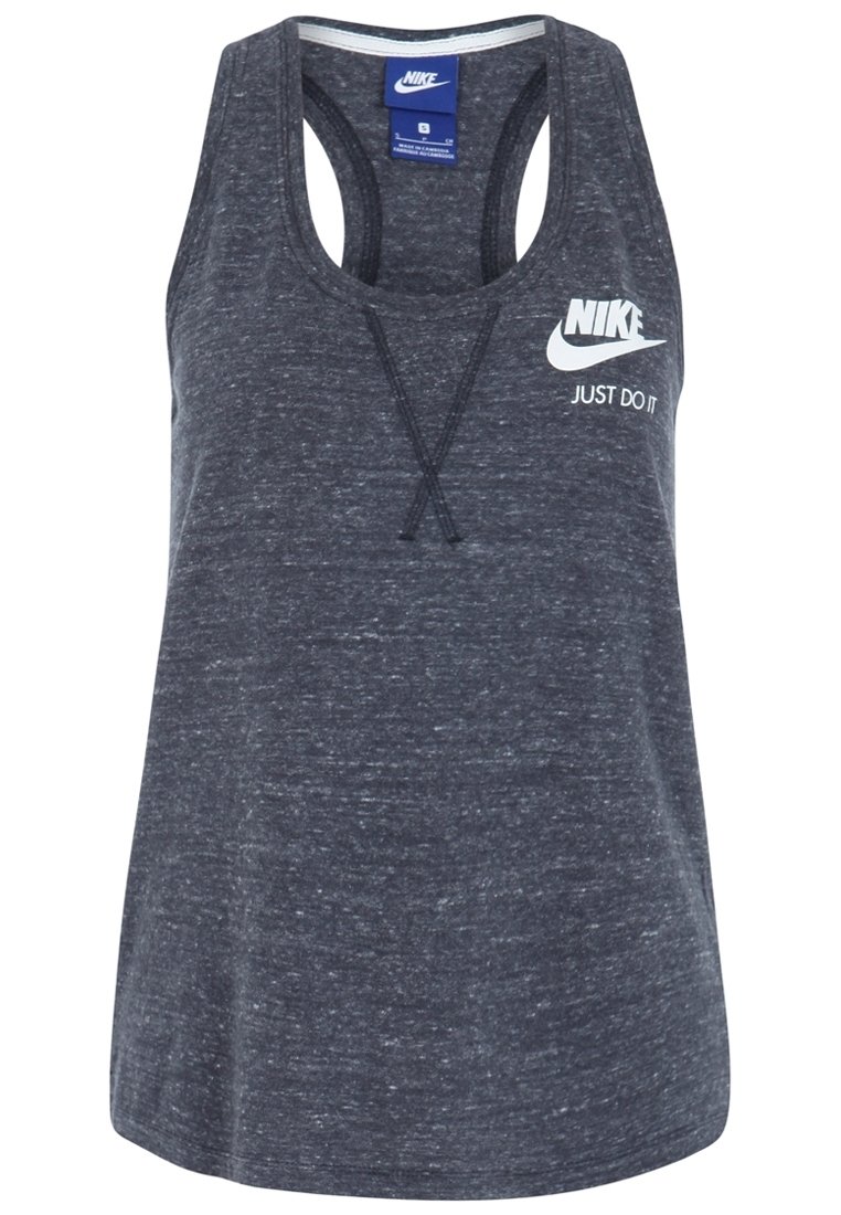 Mörkgrå Nike ärmlös träningslinne med vitt logotyp och texten "Just Do It" på bröstet.