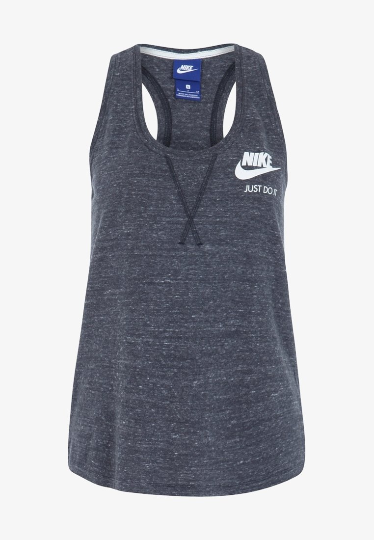 Tmavě šedý bezrukávový sportovní top Nike s bílým logem a textem "Just Do It" na hrudi.