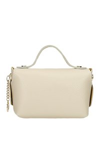 Cremfarbene Lederhandtasche mit strukturiertem Design, ausgestattet mit einem kurzen Griff und goldfarbenen Hardware-Details. Mit Reißverschlüssen an den Seiten und Anhängern.