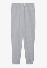 Grå joggebukser laget av myk fiber har elastisk midje med snor, sidelommer og avsmalnende mansjetter.