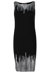 Robe noire sans manches longueur genou avec des ornements en sequins argentés verticaux au niveau de l'encolure et de l'ourlet, disposés en motif dégradé.